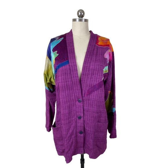 Jamie Womens Y2K Boutique Blazer Jacket Small Purple Silk Abstract Art Hippie Bo - Picture 1 of 8